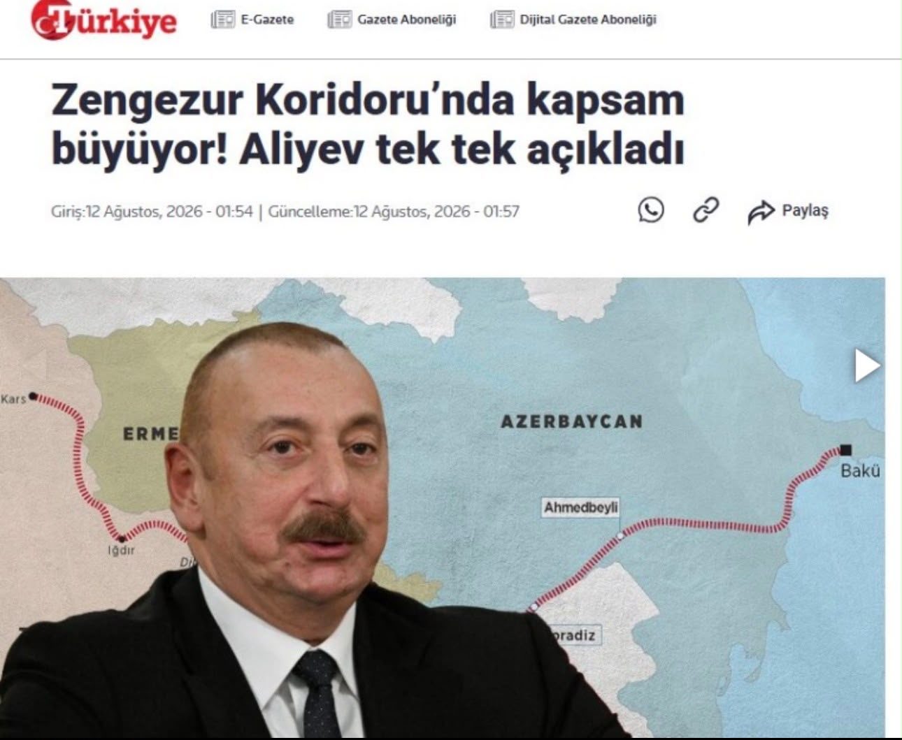 İlham Əliyevin "Zəngəzur dəhlizi" mesajı Türkiyə mediasında gündəm oldu